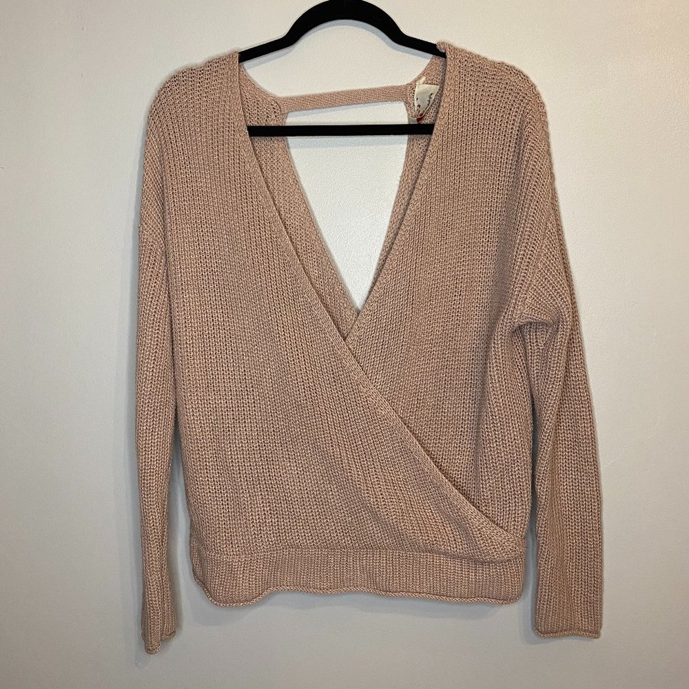 TJMAXX Plunging Surplice/Wrap Sweater in Mauve MODEL WEARING PINK (Size S)